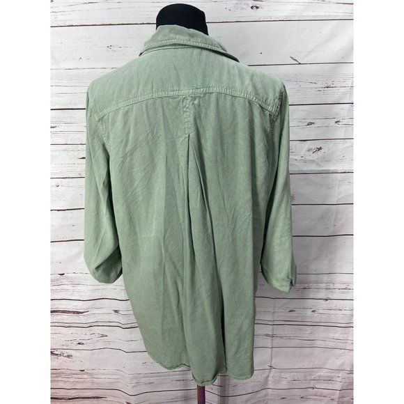Side Stitch Olive Green‎ Size Petite Medium Button Up Adjustable Sleeve Blouse - Picture 3 of 7